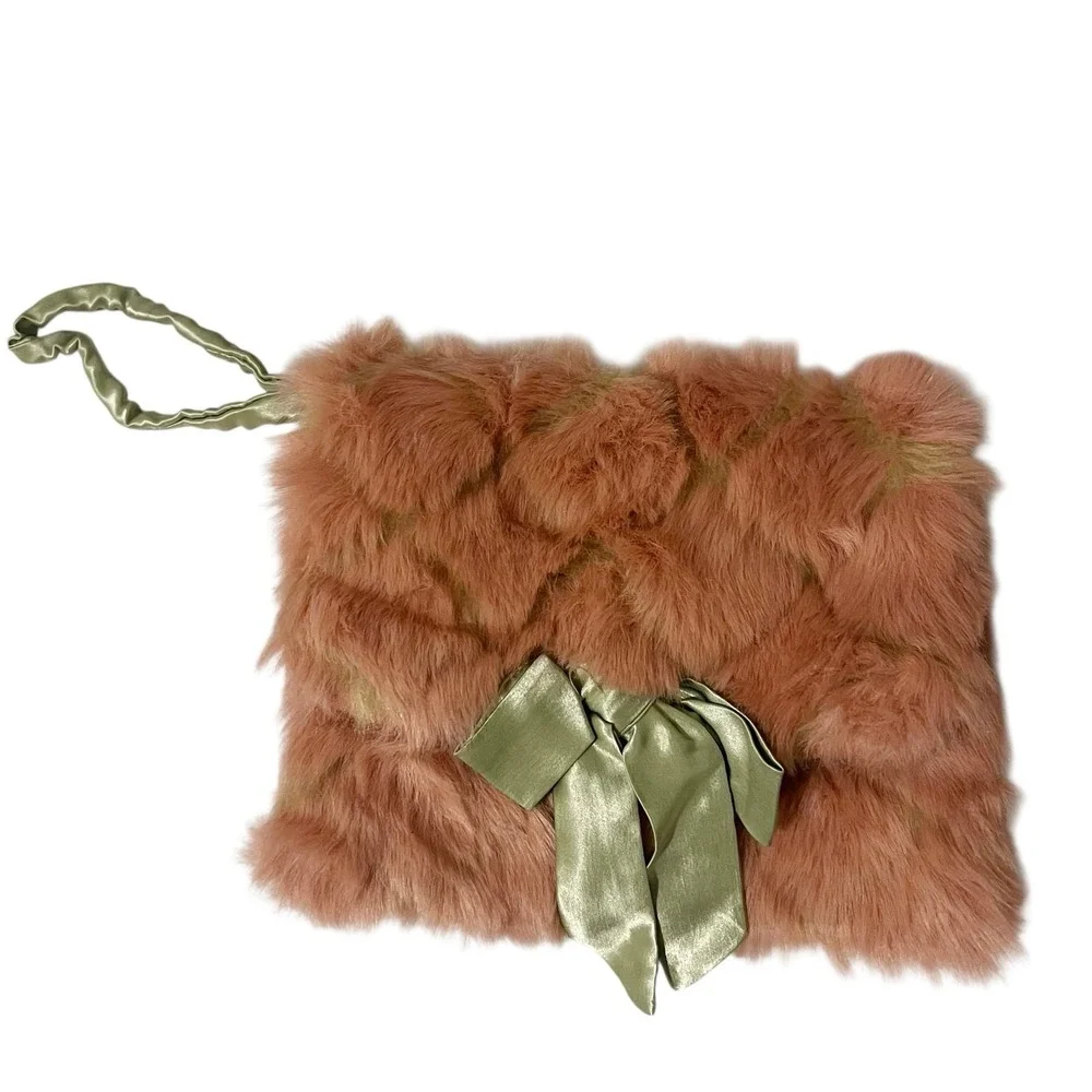 Wills River Co Faux Fur Bow Clutch Wristlet Bag Pink Green Coquette Size OS